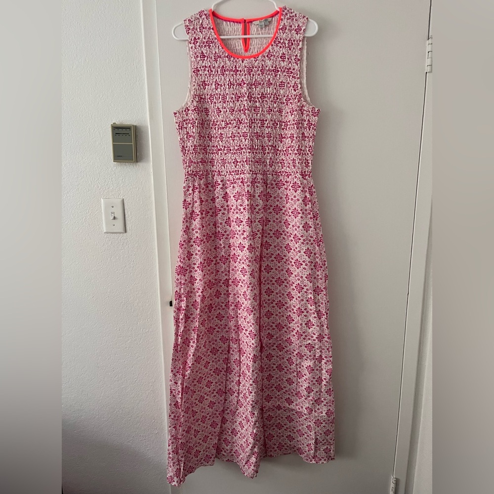 Boden Terese Maxi Sleeveless Pink Pattern Smocked 100% Cotton Dress 14 Long